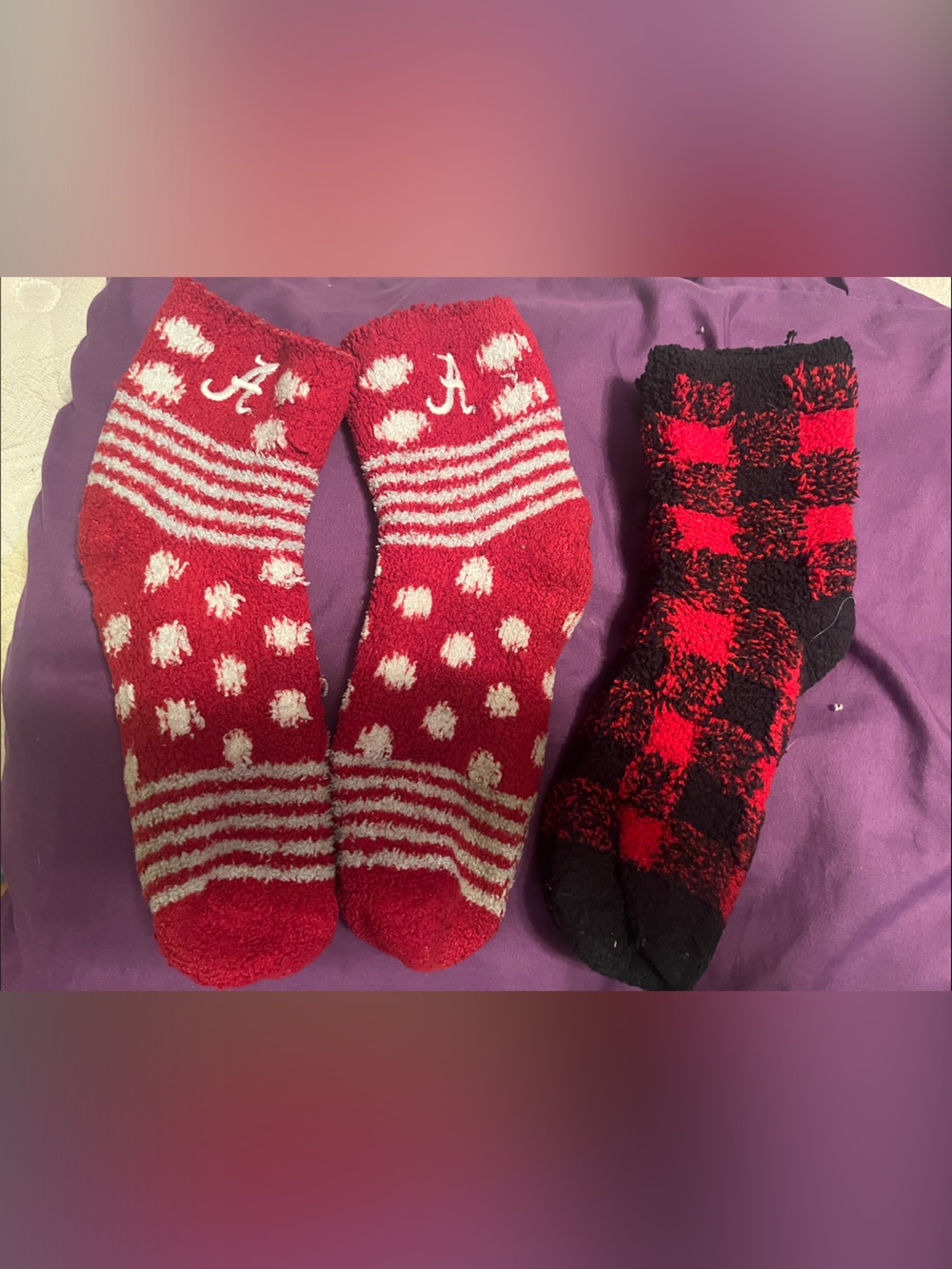 Alabama Team Cozy Red & White socks and checkered pattern Fuzzy Socks